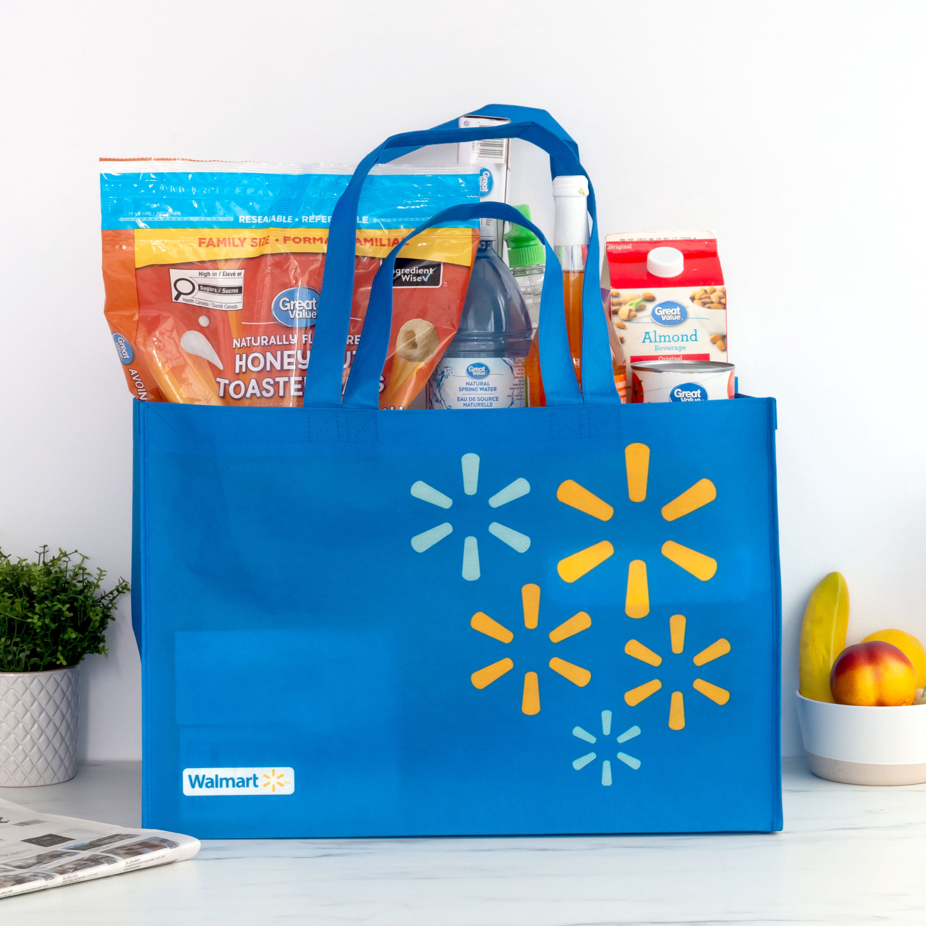 Walmart Grand sac d’épicerie réutilisable, sac fourre-tout à doubles poignées, bleu