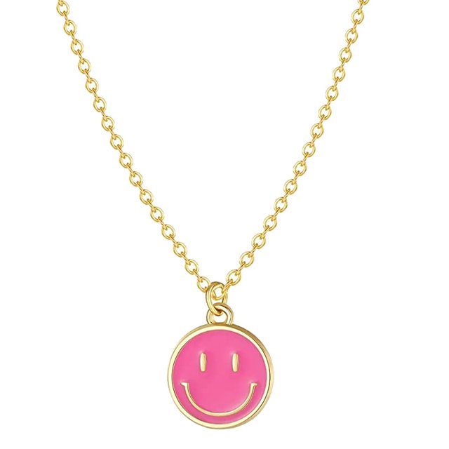 Smiley Face Colliers Émail Collier Visage Heureux Collier Rose Collier Preppy pour Femmes Filles - Rouge Rose,une Seule Couche