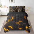 thumbnail image 2 of 7 Piece Golden Honeycomb Print Bed in a Bag Queen Beehive Geometrical Comforter Set with Sheets,Black Hexagonal Pattern Bed Set Geometry Cushion Covers Modern Abstract Plaid Fitted Sheet, 2 of 5