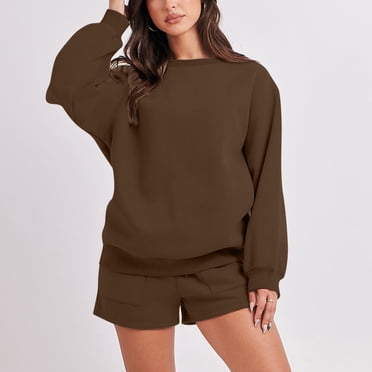 TIMIFIS Women 2 Piece Outfits Sweatsuit Round-Neck Long Sleeve Tops Matching Shorts Sets Casual Cozy Tracksuit Set - Spring/Summer