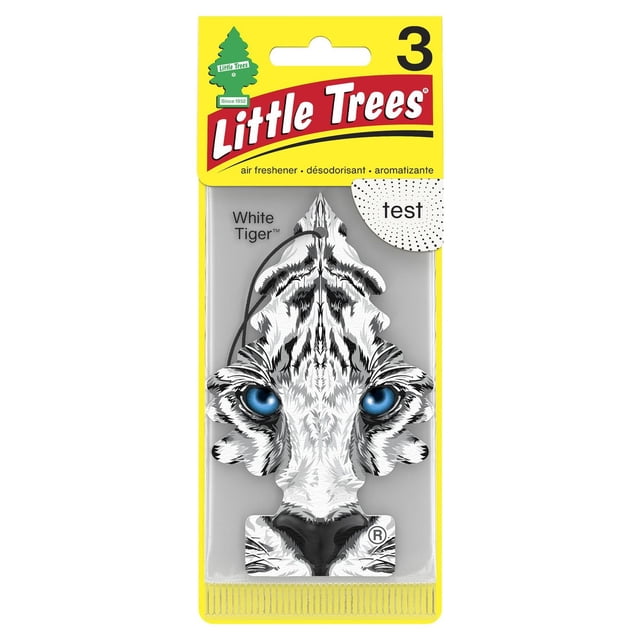 LITTLE TREES Assainisseur d'Air Tigre Blanc Lot de 3 avec Désodorisants en Forme d'Arbre Présentant un Visage de Tigre Blanc avec des Yeux Bleus et des Rayures Noires, Emballé sur une Carte de Marque Jaune et Rouge avec une Languette de Suspension, Idéal pour les Intérieurs Automobiles et les Petits Espaces Fermés avec un Parfum Longue Durée.