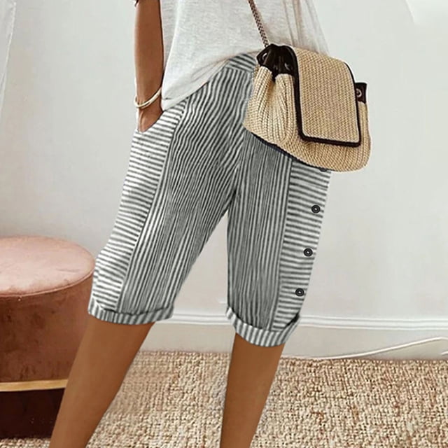 Womens Summer Woven Striped Patchwork Button Loose Cotton Linen Casual Capris