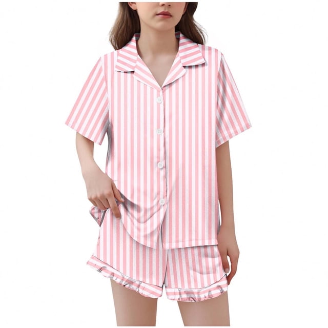 BLVB Girls Pajamas Satin Pajama Set Silk Pjs Short Sleeve Button down Shirts Summer Ruffle Sleepwear for Big Kids 5-15Y
