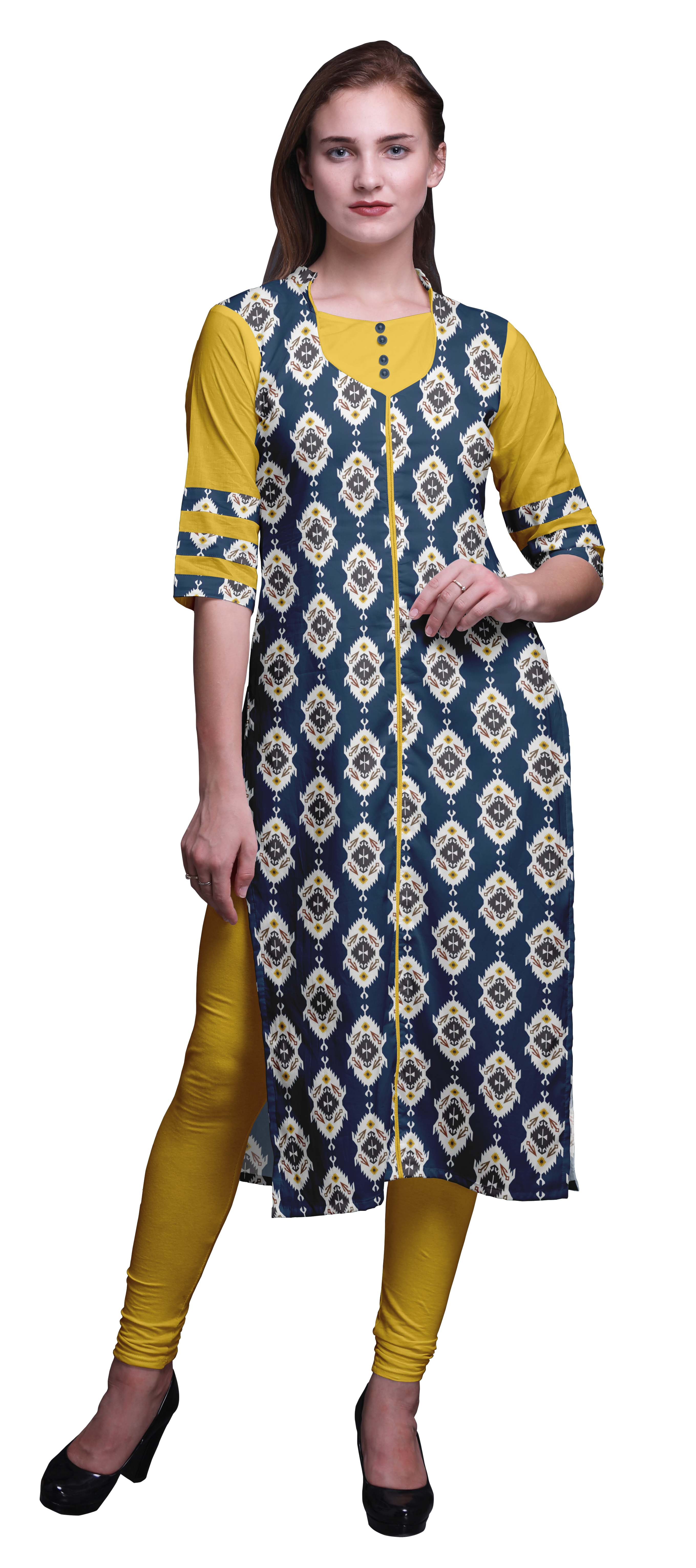 Bimba Long Straight Kurti For Women Printed Indian Rayon Slub 3/4 Sleeve Tunic