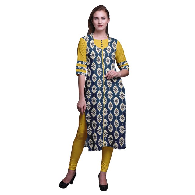 Bimba Kurti Longue Droite pour Femmes Imprimée Indienne en Rayonne Slub Tunique à Manches 3/4