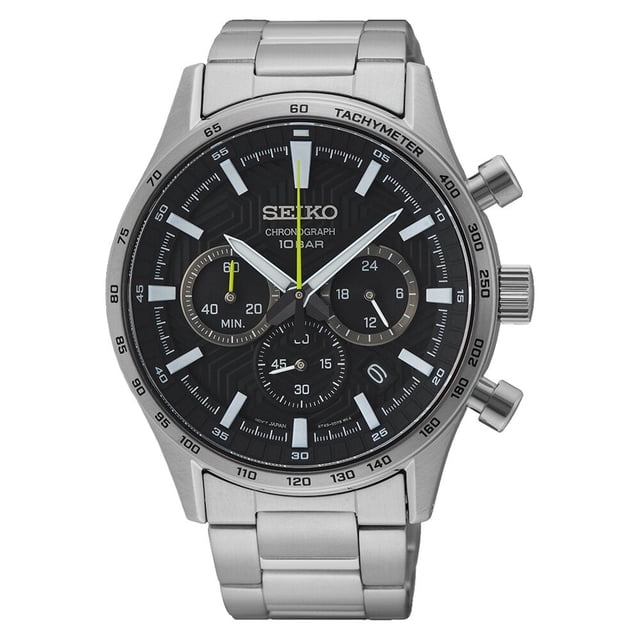Seiko Quartz Men's Watch SSB413, an analog watch with a stainless steel case and bracelet, black dial featuring chronograph functionality and three sub-dials for 60-minute, 60-second, and 24-hour displays. Includes a sapphire crystal, three-fold clasp with push-button release, and water resistance up to 100 meters. Round case size is 43mm.