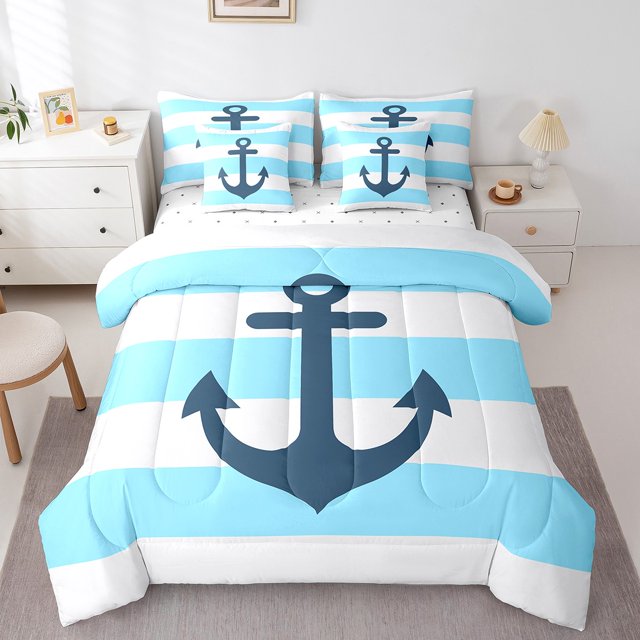 Erosebridal Anchor Bed In A Bag Full Size, a 7-piece nautical-themed bedding set with a reversible comforter featuring blue and white stripes and a bold anchor design. Includes a comforter (79x90 inches), flat sheet (81x96 inches), fitted sheet (54x75x16 inches), two pillowcases (20x30 inches), and two throw pillow covers (18x18 inches). Displayed in a bright, modern bedroom with a white nightstand and decorative accents. The comforter has U-shape stitching for stability, and the fitted sheet includes deep elastic pockets for mattresses up to 16 inches. Machine washable for easy maintenance.