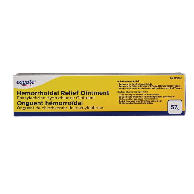Equate Hemorrhoidal Relief Ointment box featuring phenylephrine hydrochloride ointment for temporary relief of hemorrhoid symptoms including shrinking, itching, and swelling, with bilingual English and French text on yellow and blue packaging, 57 g.