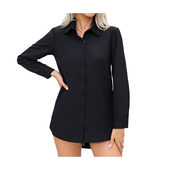 Womens Stretch Button Down Long Sleeve Shirt Soft Basic Wrinkle Free Work Business Formal Casual Blouse Black L
