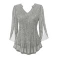 thumbnail image 4 of Double Layer Thread Mesh Loose Fit Blouse Top With Flared Three Quarter Sleeves And Elegant Collar Design For Summer Casual Wear And Fashion Outfits Women'S T-Shirts Grey M, 4 of 4