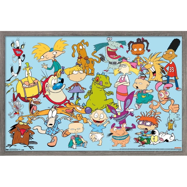 Nickelodeon Characters Wall Poster, 14.725" x 22.375" framed featuring a vibrant collage of classic Nickelodeon cartoon characters including Arnold from Hey Arnold!, Rocko from Rocko's Modern Life, Ren and Stimpy, Rugrats babies Tommy and Chuckie, Angelica, CatDog, and others on a light blue background with a gray wood frame, suitable for wall art and room decor.