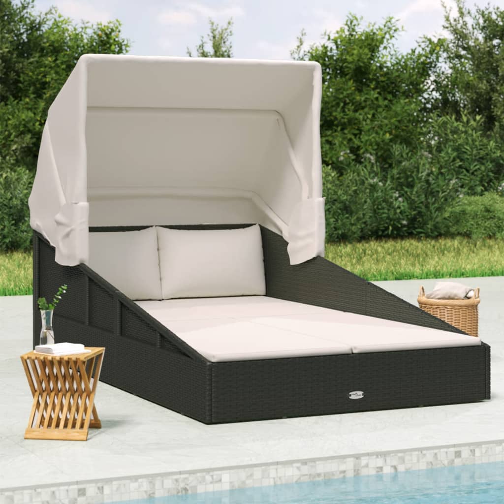 vidaXL Chaise Longue avec Toit Pliable Noir 200x114x128 cm Rotin Poly