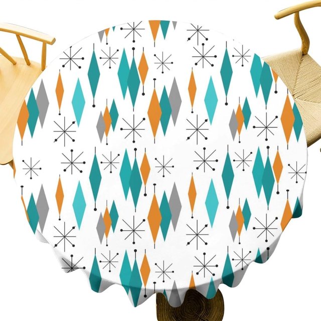 Mid Century Round Tablecloth Modern Geometric Teal Diamond Table Cloth Washable Polyester Fabric Table Cover for Dining Room Kitchen Patio Home Decorations 60""