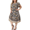 thumbnail image 1 of GRACE & GRANDEUR Robe Midi Trapèze d'Été Bohème Décontractée à Col en V à Manches Courtes à Imprimé Floral pour Femme Grande Taille3X Noir, 1 of 6
