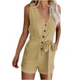 thumbnail image 1 of biudgviw Women's Plus Size Rompers Summer Casual V Neck Button down Belted Sleeveless Jumpsuits Loose Short Overalls with Pockets, 1 of 6