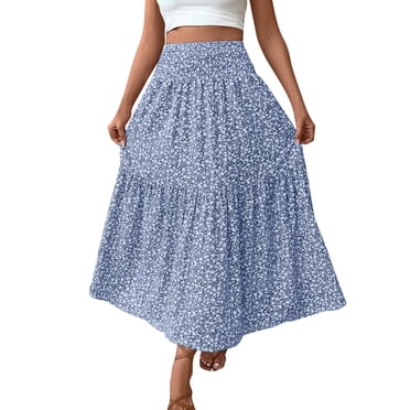 fheaev Flowy Boho Maxi Skirt for Women Trendy High Waist Elastic A Line Pleated Ruffle Tiered Summer Casual Beach Long Skirts