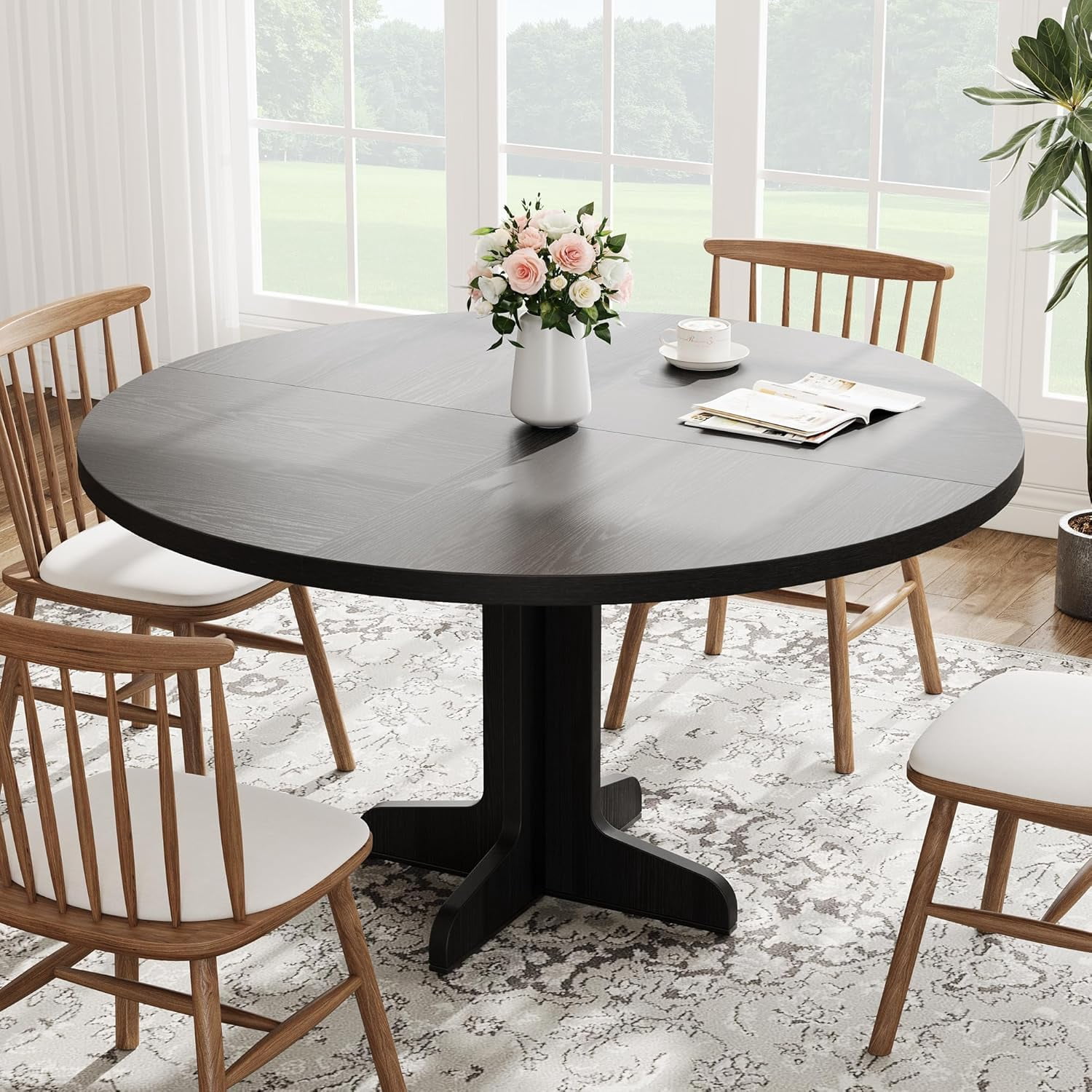 EastVita 47 Inch Round Dining Table for 4,Farmhouse Kitchen Dining Room Circle Dinner Table,Kitchen Dining Room Furniture (Table Only),Black