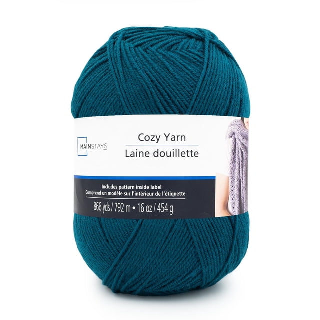 Mainstays Cozy Medium Acrylic Yarn 1 Ball in dark blue, a large skein of 4-ply medium weight acrylic yarn with 866 yards (792 m) and 16 oz (454 g) weight, wrapped in a white label showing product details, suitable for knitting, crocheting, and crafting projects.
