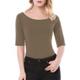 thumbnail image 1 of INSPIRE CHIC Women's Boat Neck Tops Half Sleeves Fitted Layering Soft T-Shirt XS Dark Khaki, 1 of 7