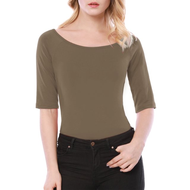 INSPIRE CHIC Women's Boat Neck Tops Half Sleeves Fitted Layering Soft T-Shirt XS Dark Khaki