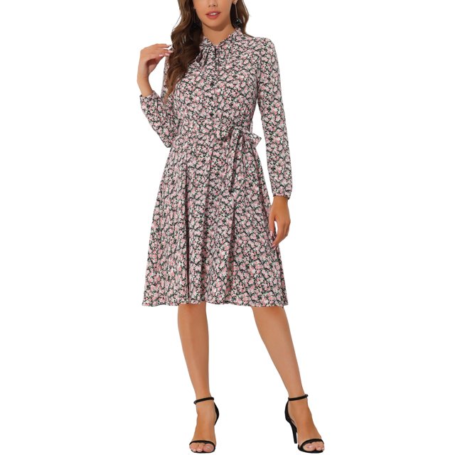 INSPIRE CHIC Robe Vintage à Fleurs pour Femme à Col Noué en Chiffon à Manches Longues avec Ceinture TP Noir