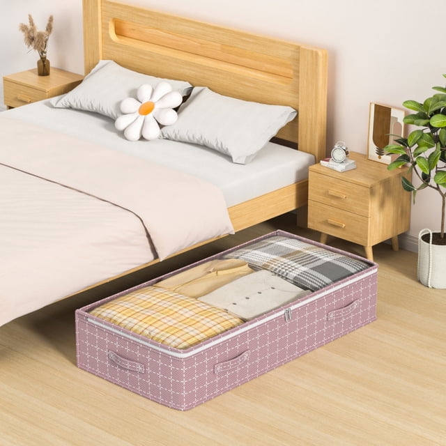 Meitianfacai underbed storage bag for household clothes, quilts, and other items, ideal for drawer organizers and closet storage. This foldable storage tool features a large capacity design with reinforced medium-density fiberboard at the base and a thick steel frame for durability. Made of cationic fabric with soft seams, it includes handles on both sides for easy retrieval. The bag is displayed in a bedroom setting under a wooden bed, neatly storing folded clothes and quilts.