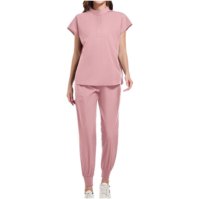 Xfvqtps Ensemble de Sarraus pour Femmes, Haut de Sarrau à Col Rond Extensible et Pantalon Jogger à Taille Élastique, Chevilles Froncées, Anti-Froissement, Doux, Ensemble d'Uniforme d'Infirmière, Manches Courtes, Ensemble d'Uniforme de Travail, Rose