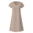 thumbnail image 4 of Tumotour Robe d'Été pour Femmes à Col en V, Longueur Genou, Robe Décontractée, Couleur Unie, Manches Courtes, Coupe Ample, Robe de Vacances, Robe en Lin pour la Plage, Sorties, Fête, Rendez-Vous, 4 of 5