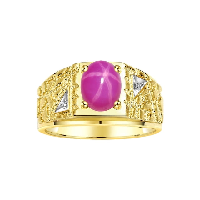 RYLOS Men's Rings Yellow Gold Plated Silver Designer Nugget Ring Oval 9X7MM Gemstone & Diamonds Star Ruby Birthstone Rings For Man Size 12