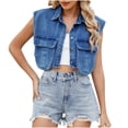 thumbnail image 1 of Fall Saving! srobpty Women's Sleeveless Jacket Jacket, Women's Solid Color Button Double Pocket Sleeveless Hoodless Turndown Collar Denim Outwear Blue, M, 1 of 4