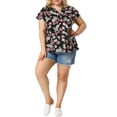 thumbnail image 2 of GRACE & GRANDEUR Hauts pour Femmes Grande Taille Rétro à Fleurs Col en V à Étages Manches Courtes Blouses 4X Noir, 2 of 8