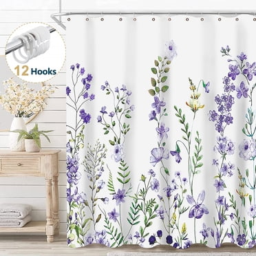 Dznils White Floral Fabric Shower Curtain, Watercolor Bathroom Curtain with Hooks, Purple, 72" x 72"