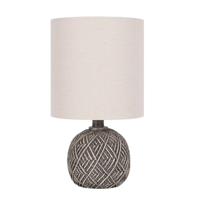 Hometrends Table Lamp with a dark grey textured yarn ball design base and an off-white fabric drum shade, 13.9 inches tall, featuring a push-through on/off switch on the socket, ideal as an accent lamp for living rooms, bedrooms, or offices.