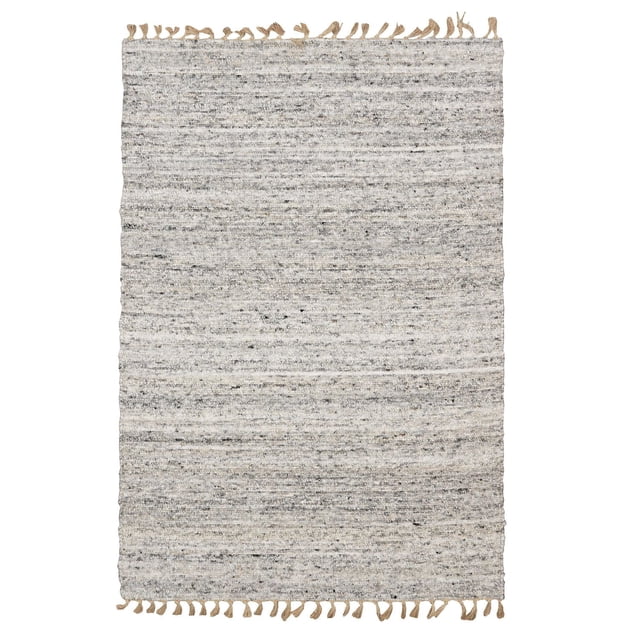 Verginia Berber Natural & Black 5 ft. 3 in. x 7 ft. 5 in. area rug with hand-woven wool face and jute core, natural wool color with black boucle yarn creating a textured, space-dyed effect, jute tassel fringe on short ends, ideal for small sitting areas or layering with natural fiber rugs.