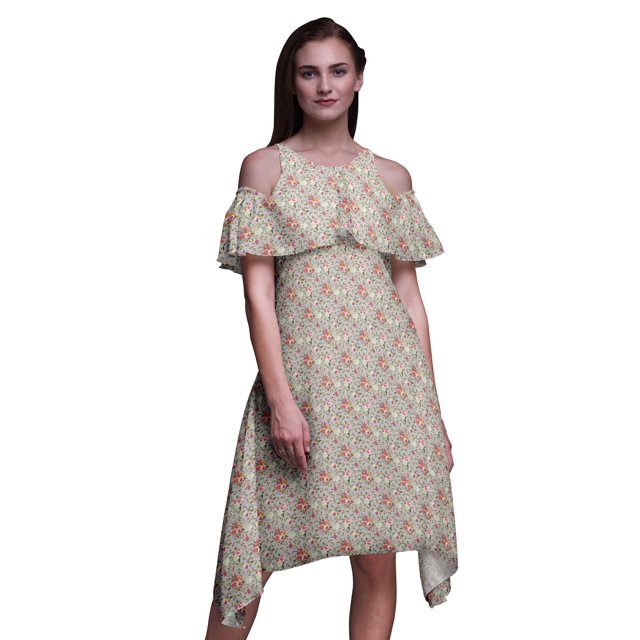 Bimba Grey Floral Print Cold Shoulder Women Swing Tunic Flutter Sleeve Midi Dress - Medium