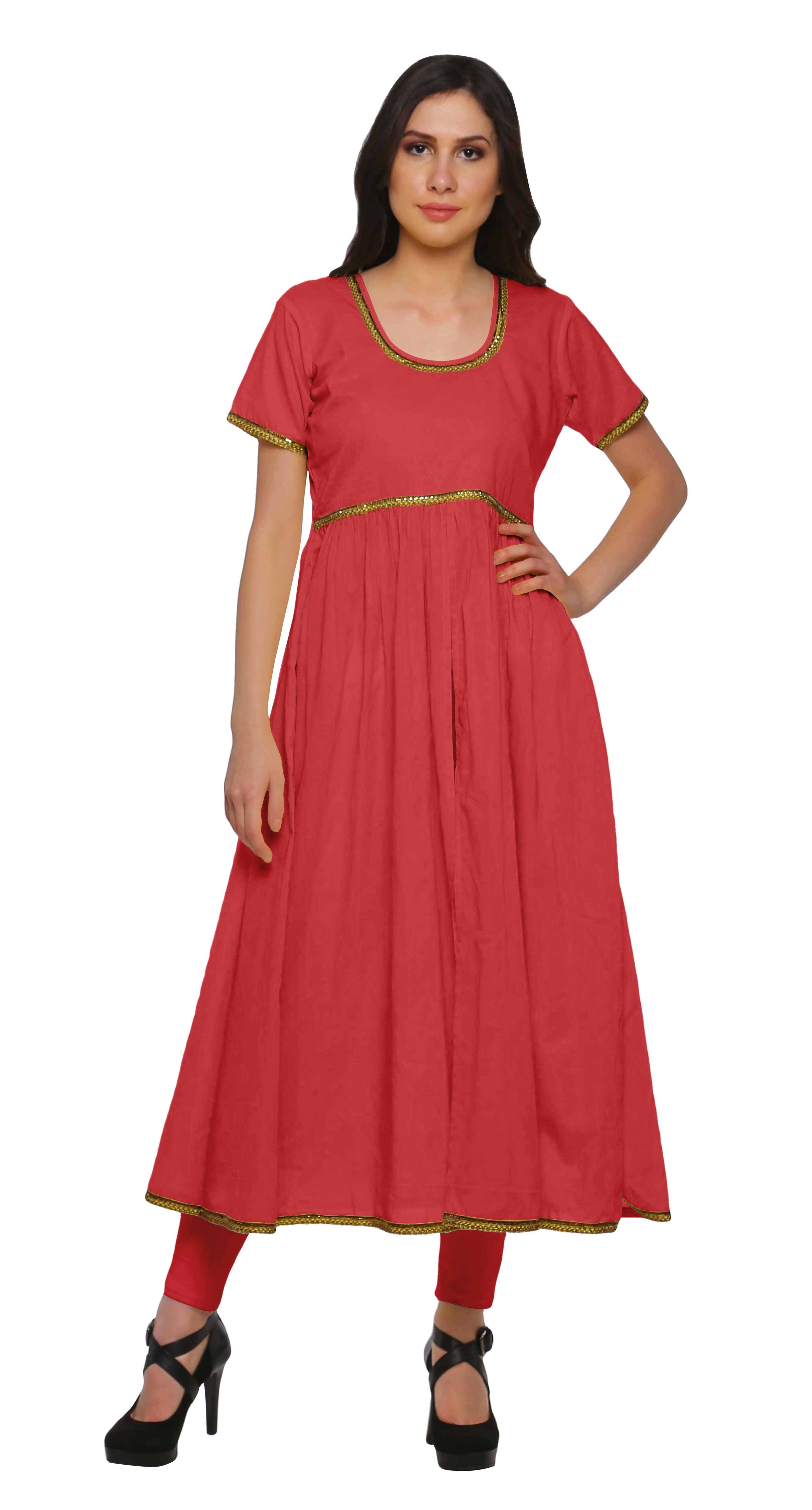 Moomaya Cotton Dress For Women Casual Summer Front Slit Solid Short Sleeve Kurta