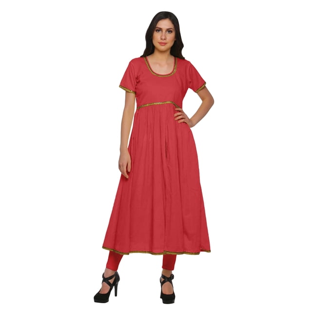 Moomaya Robe en Coton pour Femmes Décontractée d'Été à Fente avant Unie à Manches Courtes Kurta