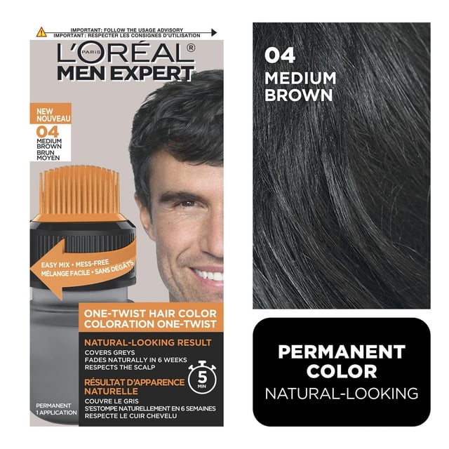 L'Oréal Paris Men Expert Permanent Hair Color 04 Medium Brown with one-twist applicator for easy, mess-free mixing and application. Provides natural-looking permanent color that covers greys, respects the scalp, and fades naturally in 6 weeks.