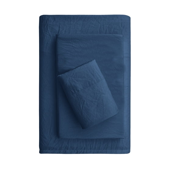 Mainstays Washed Ultra Soft Microfiber Bed Sheet Set, Twin-XL, Washed Indigo, 3 Piece