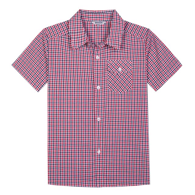 Bienzoe Boy's Cotton Plaid Button Down Short Sleeve Shirt Red 13/14