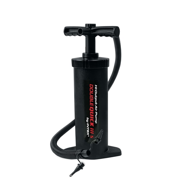 Intex Double Quick III Hand Pump in black, designed for camping gear and inflatables like air mattresses. Features a dual-action mechanism for quick inflation and deflation. Includes three interconnected nozzles with hoses for versatile use.