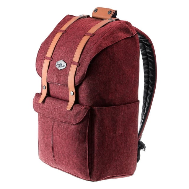 TruBlue The Patriot Backpack 21L - Algonquin in deep red water-repellent polyester with tan split leather straps and a silver TruBlue logo on the front flap, featuring padded black shoulder straps, quick-access side pockets, a spacious 21-litre main compartment, and a dual padded laptop section accessible via side zipper, suitable for organizing gadgets and textbooks.