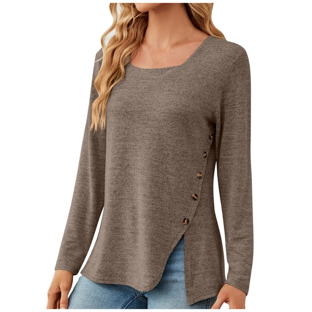 Chemise à Manches Longues Femme Dames Mode Couleur Unie Chemise à Manches Longues à Encolure Carrée à Boutons Femme Haut Décontracté Ample. la Chemise Présente une Encolure Carrée, des Manches Longues et une Coupe Ample avec Détails de Boutons sur le Côté. Fabriquée à Partir d'Un Mélange de 60 % Coton et 40 % Lin, Elle Offre un Tissu Doux, Respirant et Doux pour la Peau. le design Couleur Unie Est Polyvalent pour une Tenue Décontractée, Affaires Ou Voyage. Montré dans un Ton Neutre Assorti aux jeans.