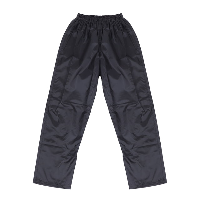 Waterproof Adult Pants Protective Rain Pants Outdoor Hiking Rain Pants made of polyester fiber and nylon, shown in a front-facing view. These black rain pants feature an elastic waistband and a lightweight, durable design. Suitable for outdoor activities like hiking, cycling, and camping, they are windproof, waterproof, and stain-resistant.