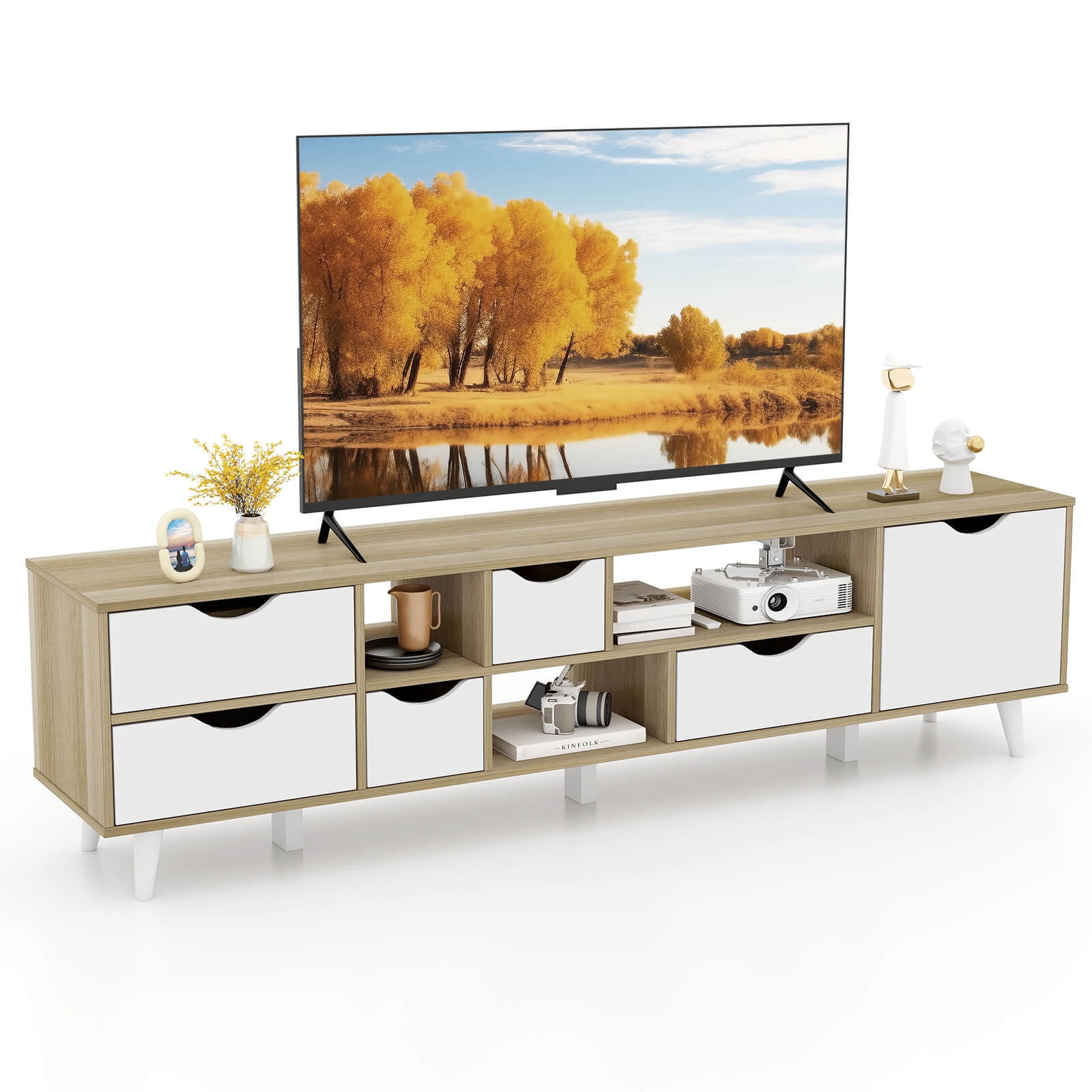 Costway Meuble TV pour téléviseurs jusqu'à 65 po avec rangement 5 tiroirs et 3 étagères ouvertes pour la chambre