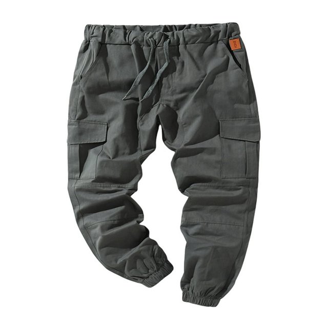 Men Solid Color Cargo Trousers Loose Fit Drawstring Waist Long Pants