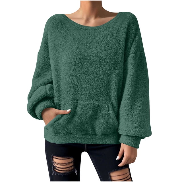Yuyuzo Chandails en Molleton pour Femmes, Duveteux, Coupe Ample, Col Rond, Manches Longues, Chandail à Enfiler, Mode d'Automne, Hauts de Chandail avec Poches