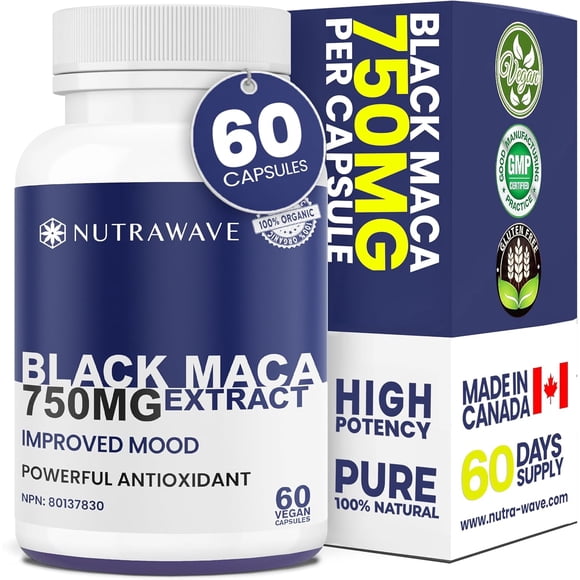 Nutrawave Maca Noir Biologique 3000 Mg – Extrait 4:1, Soutien de l'Énergie et de l'Humeur – 60 Capsules Véganes pour Adultes