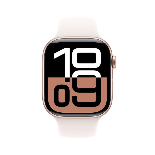 Apple Watch Series 10 GPS Smartwatch with a 46mm rose gold aluminum case and light blush sport band (M/L). The watch features an Always-On Retina display with bold numerals, advanced health monitoring, and seamless iPhone integration. Open box condition with no visible imperfections.