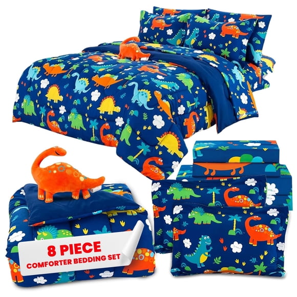 Sapphire Home Ensemble de Literie Dinosaure pour Enfants, Lit Grand 8 Pcs avec Couette, Draps, Taie d'Oreiller et Oreiller Jouet pour Garçons, Décoration de Chambre de Tout-Petit